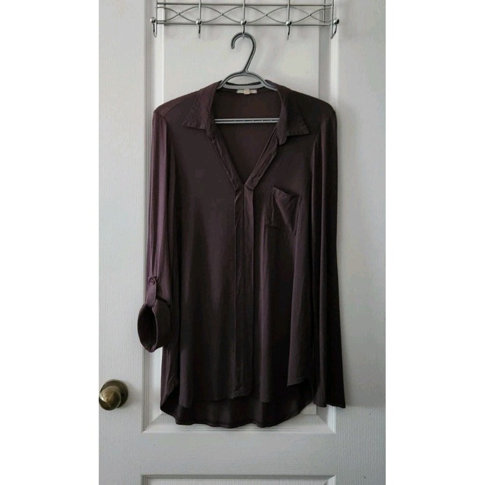 Pleione Womens Tunic Top V-Neck Roll Tab Long Sleeve Gray Size M